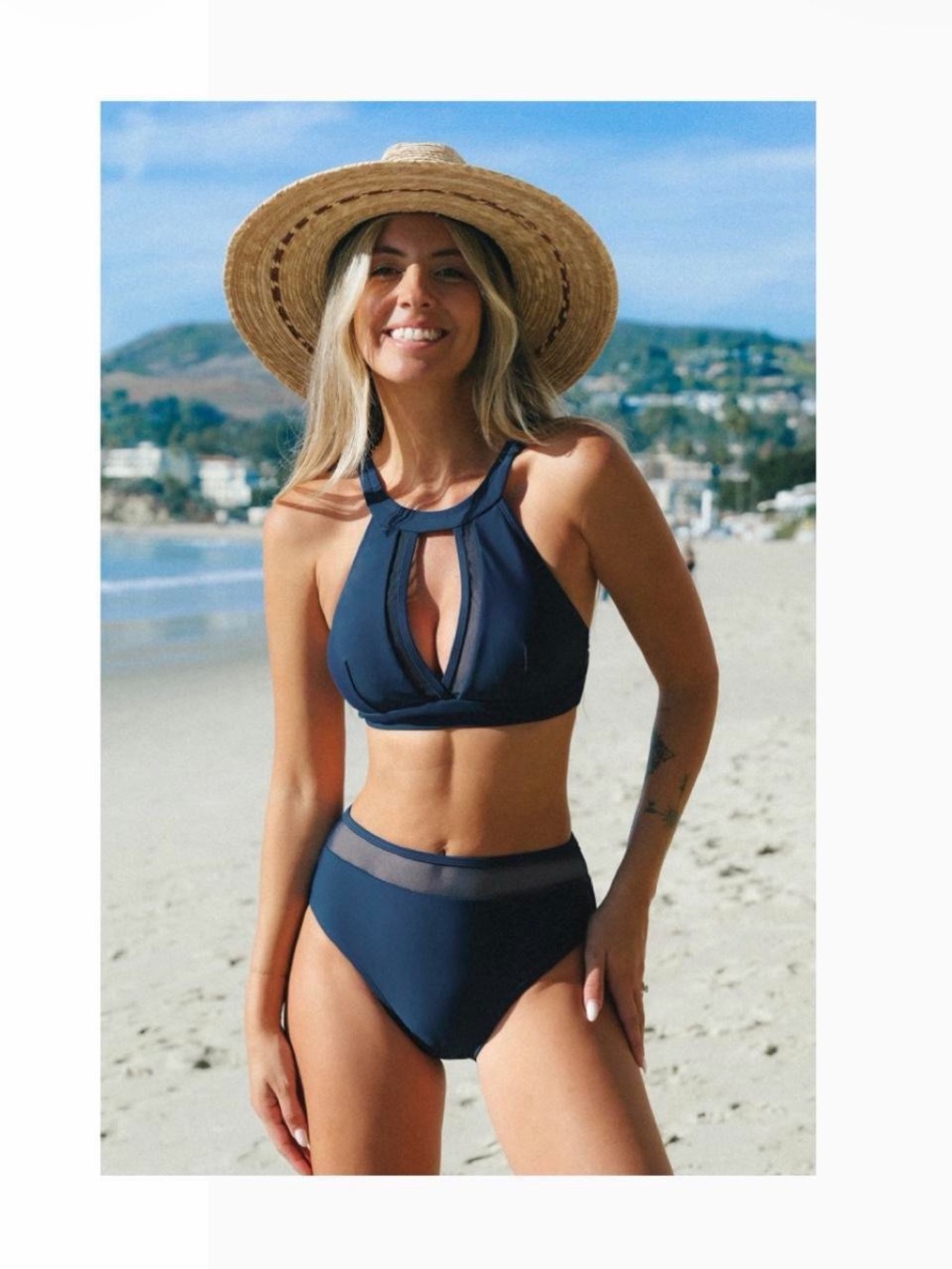 Navy High-Neck Mesh Panel Bikini Set